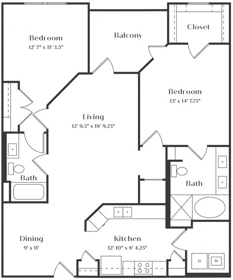 Floor plan for 2 beds, 2 baths, 1191 sqft